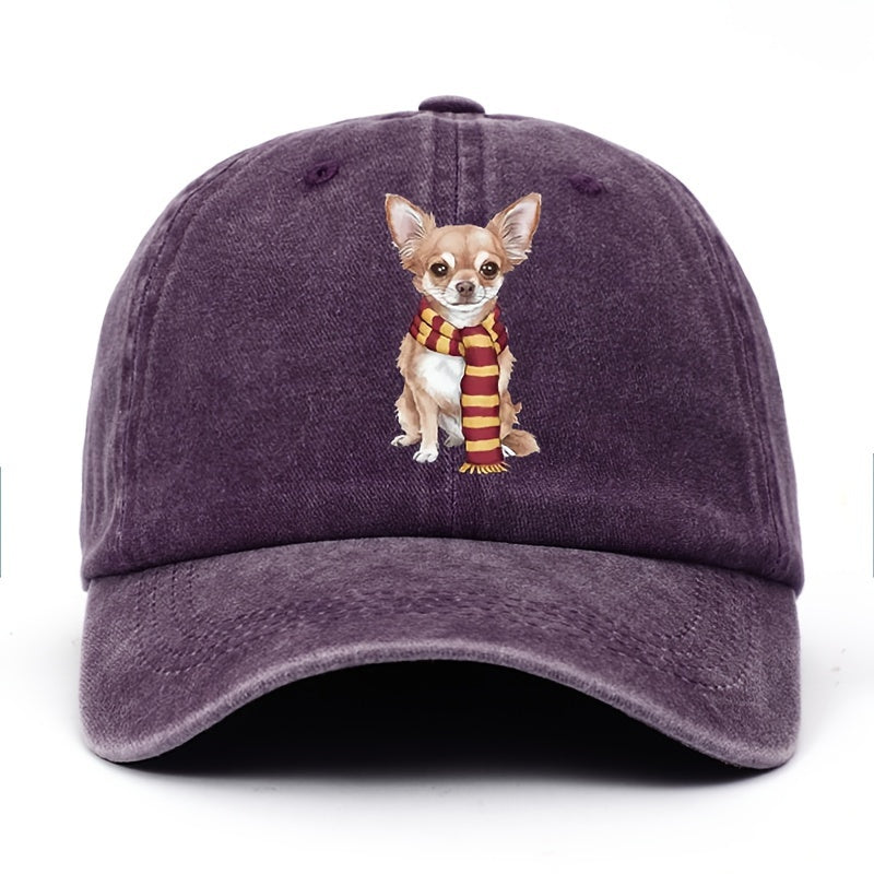 Cute Chihuahua & Scarf Print Vintage Washed Baseball Cap - Adjustable Snapback, Lightweight All-Season Outdoor Casual Hat, for New Year Celebrations, Accessory, Soft Texture, Seasonal Accessory, Playful Design, Hand Washable, Fashion Accessory