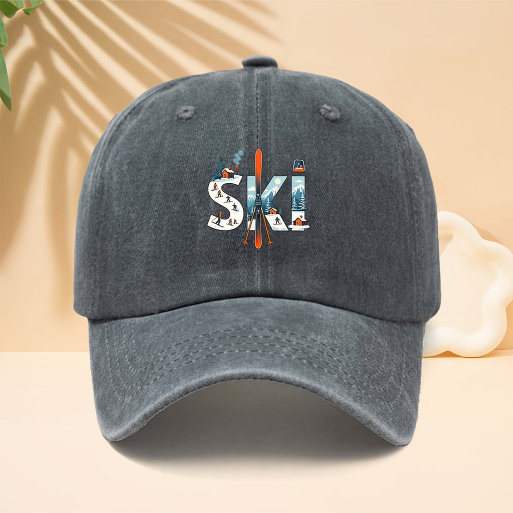 A Printed Baseball Cap with Ski-Related Elements And Patterns, Suitable for Outdoor Sports, a Six-Panel Hat for Men And Women, Couple'S Fashion, a Duckbill Cap with an Adjustable Soft Brim, Washed And Distressed Curved Brim Hat