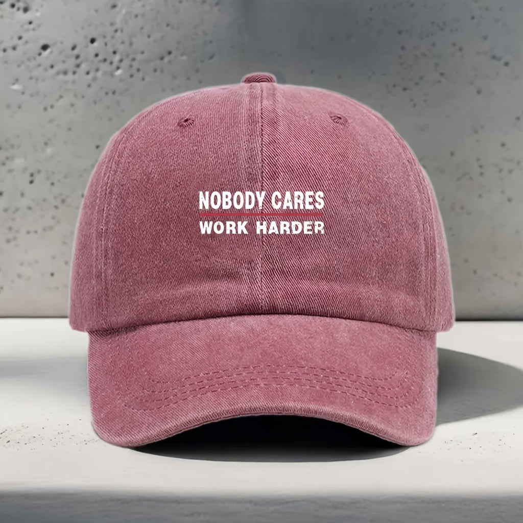 Women's Baseball Cap with "NOBODY CARES WORK HARDER" English Print, Inspirational Motivational Slogan, , Trendy, Fashionable, Versatile, Casual, and Simple. Unisex Duckbill Cap for Daily Outings, Work Commutes, Outdoor Sports, Fitness, Yoga