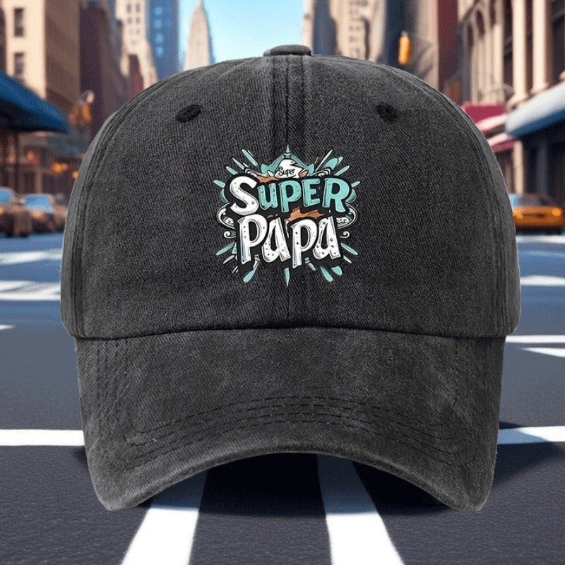 Men's Vintage Baseball Cap- Adjustable Black Cap with Striking "SUPER PAPA" Print, Breathable Six-panel Design, Suitable for Casual Wear, Driving, and Fishing, Outdoor Accessory, Fun Style, Comfortable Fit, Fashionable Headwear,