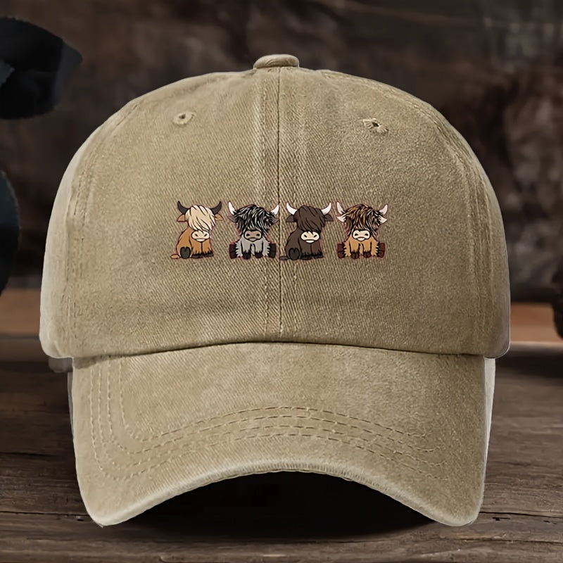 Olive Green Adjustable Snapback Baseball Cap Featuring a Vintage Highland Cow - Perfect for Casual Outdoor Sports for Men