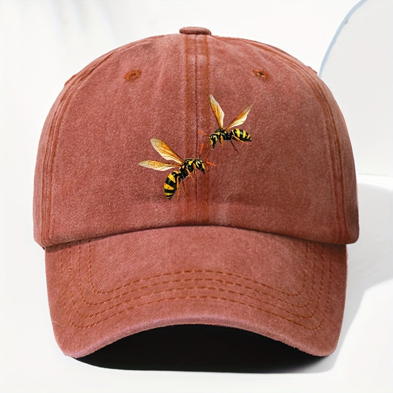 Unisex Bee Animal Print Washed Vintage Baseball Cap, Fashionable Sun Outdoor Hat for Men and Women, Adjustable Fit Trucker Hat Suitable for All Seasons and Daily Wear
