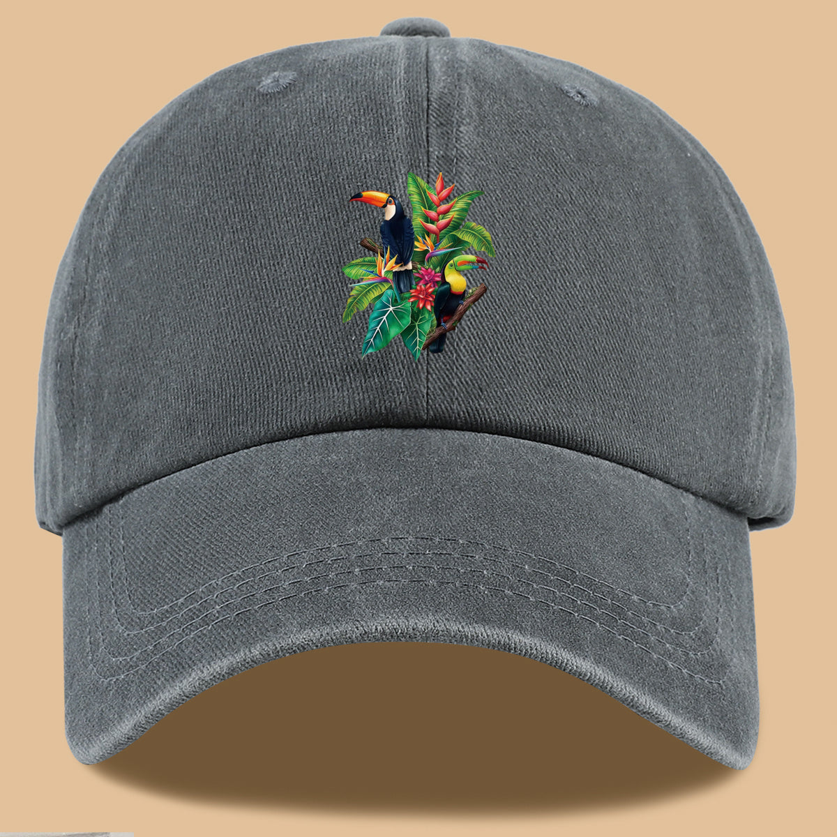 1pc Tropical Rainforest Theme Toucan Print Baseball Cap, Tropical Plant Floral Pattern Sun Hat, Fashionable And Individual Aesthetic Unisex Baseball Cap, Adjustable Size Outdoor Casual Sun Hat, Suitable for Vacation, Travel, Camping, Picnic