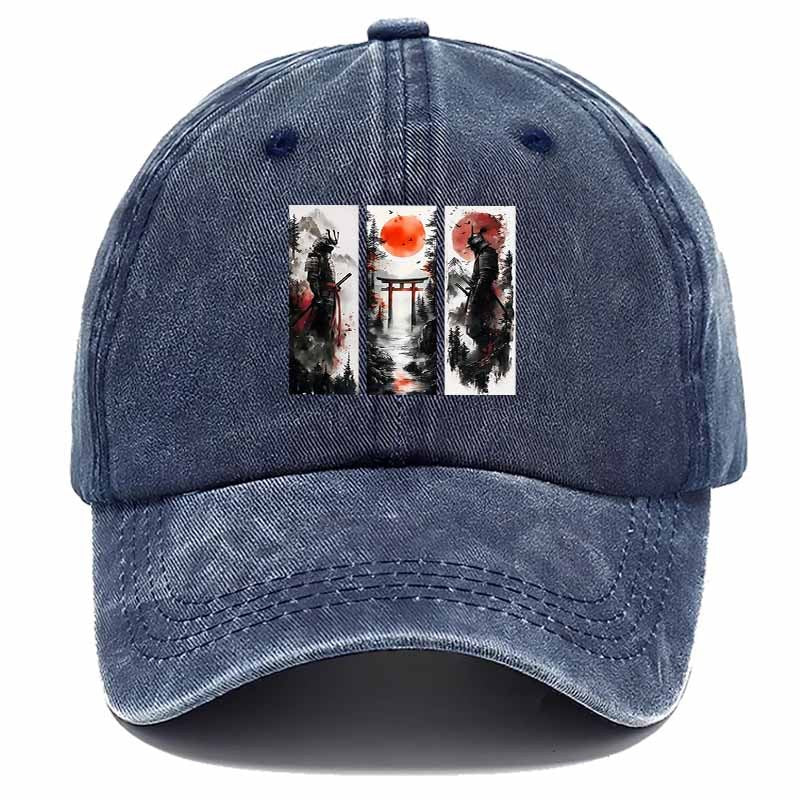 A Vintage-Style Baseball Cap Featuring an Ink Wash Samurai Design, Perfect for Outdoor Adventures And an Ideal Gift for Dad