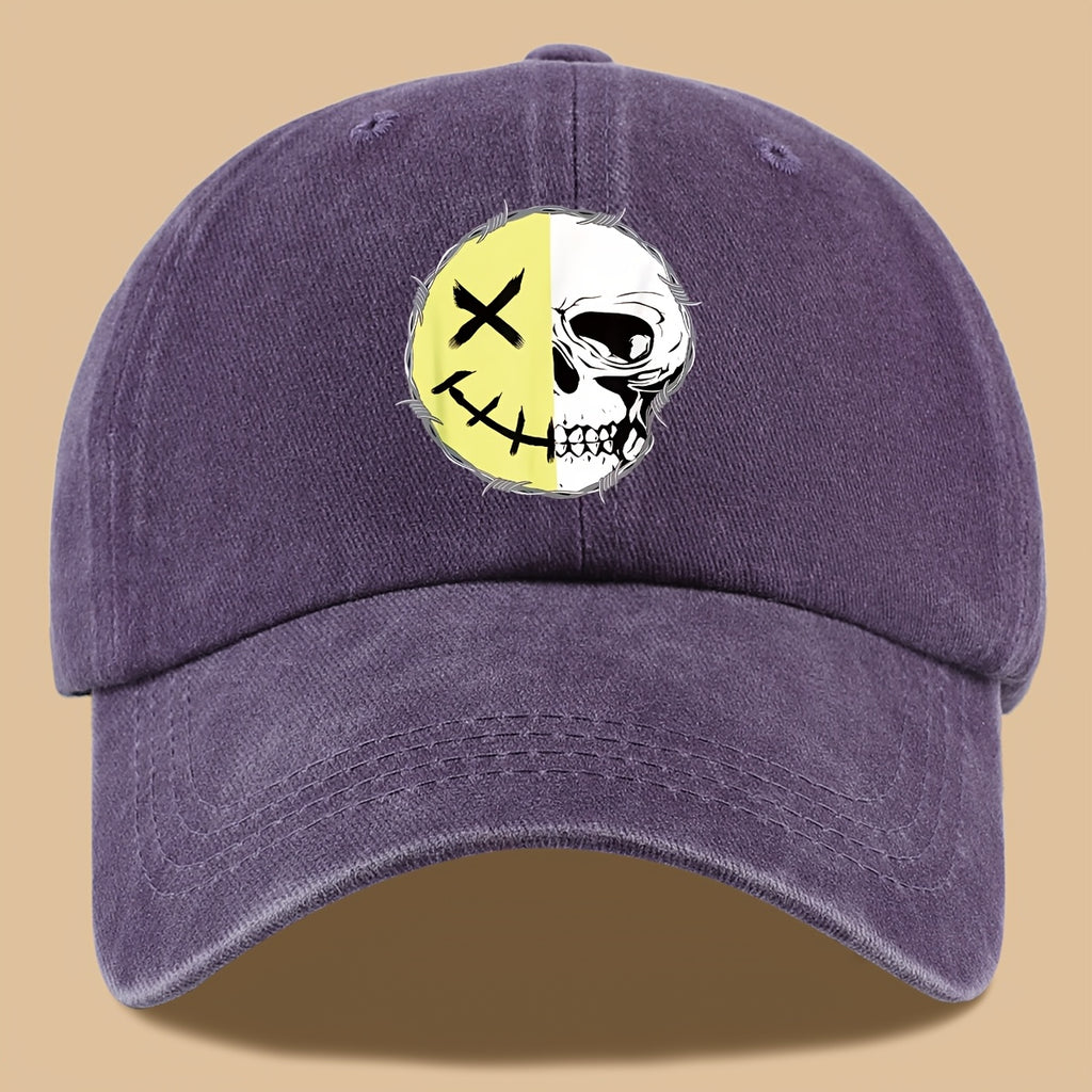 1pc Creative Smiling Face Half Skull Print Baseball Cap, Urban Casual Headwear, Individual All-Match Casual Clothing Accessory, Men And Women Outdoor Universal Dad Hat, Adjustable Size, Breathable Comfortable Vintage Black Papa Trucker Hat