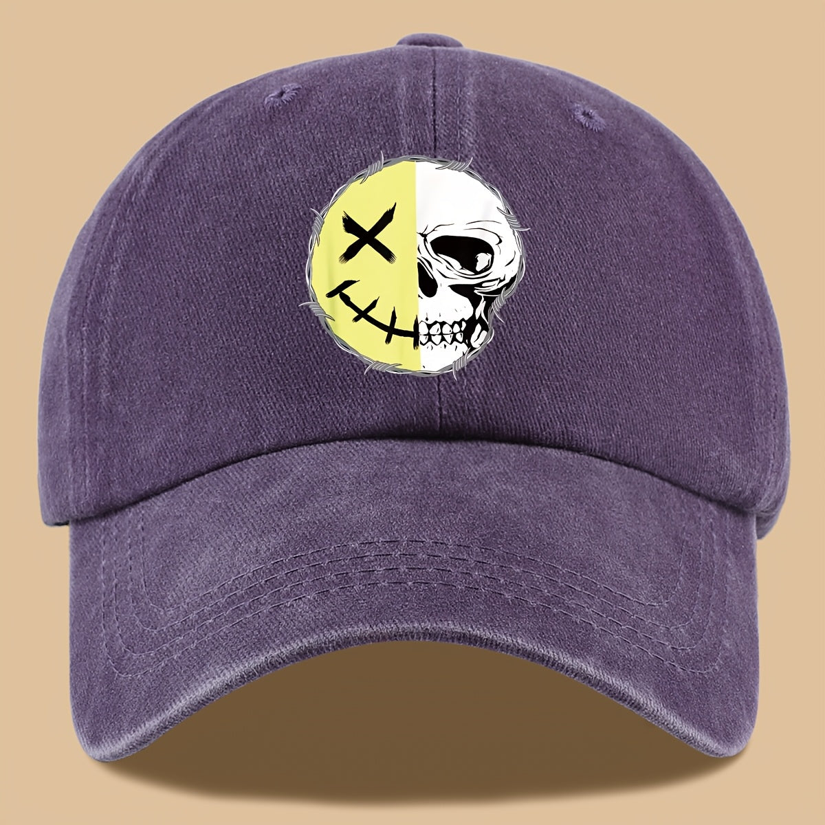 1pc Creative Smiling Face Half Skull Print Baseball Cap, Urban Casual Headwear, Individual All-Match Casual Clothing Accessory, Men And Women Outdoor Universal Dad Hat, Adjustable Size, Breathable Comfortable Vintage Black Papa Trucker Hat