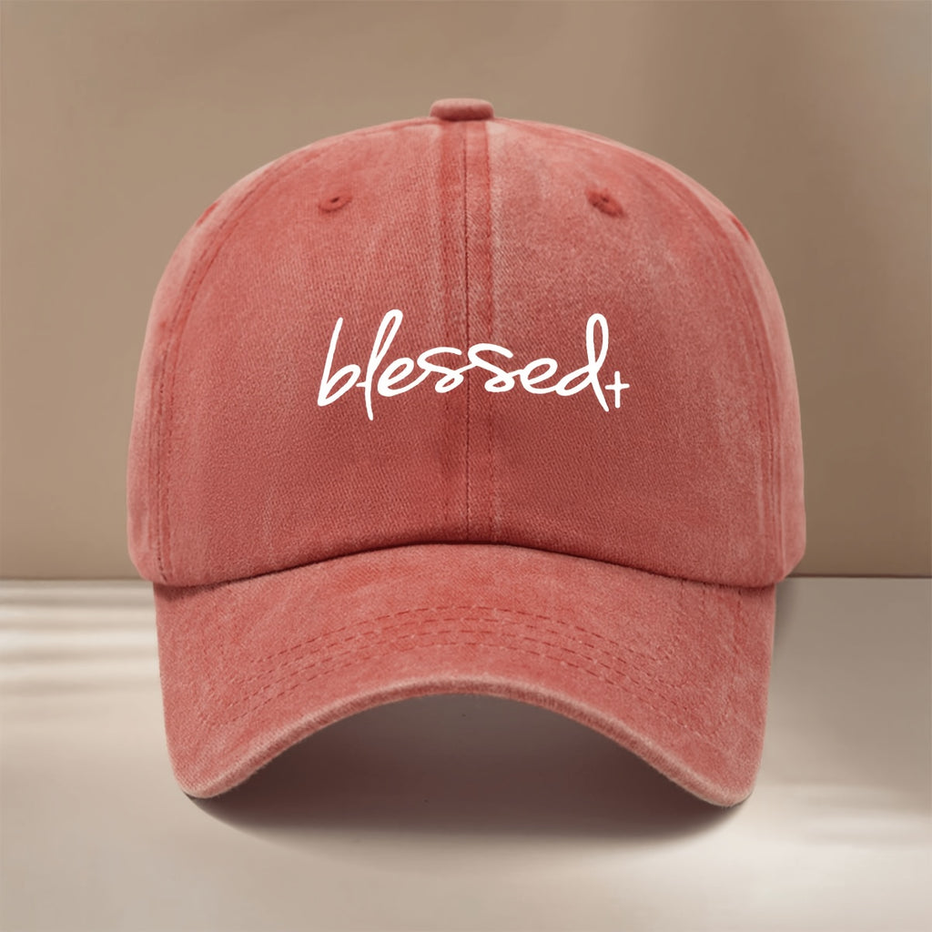 Blessed+ Text Pattern Baseball Cap, Relaxed Fit with Curved Brim for a Slimming Effect, Unisex Hip-Hop Style Curved Brim Hat, Lightweight and Comfortable Duckbill Cap for Vacations, Travel, Dinners, and Camping, Adjustable Size, Simple and  Six-Panel