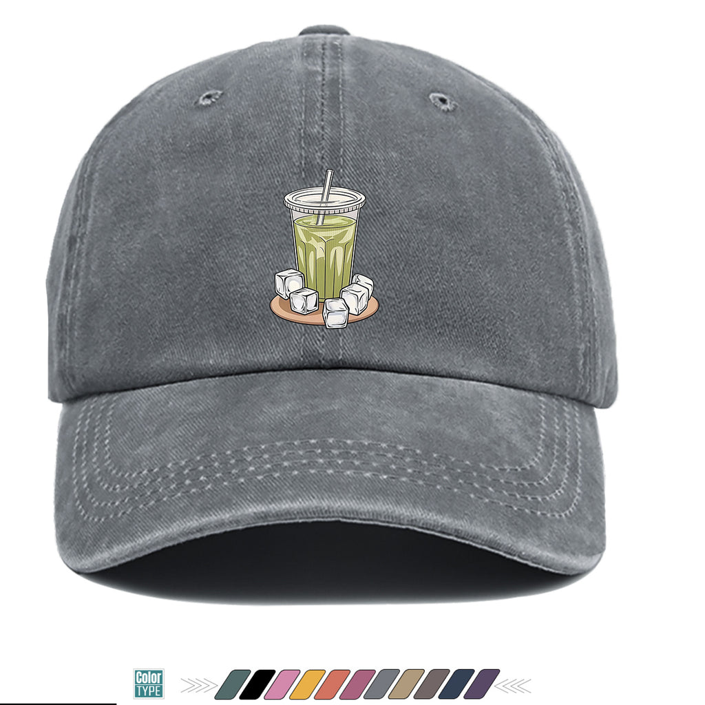 1pc Teal Green Beverage Print Baseball Cap, Featuring a Cup with a Straw, Ice Cubes Scattered Near the Cup, and a Colorful Striped Background. A Stylish and Casual Sun Hat, Unisex and Adjustable. Suitable for Street Trendsetters, Coffee Lovers