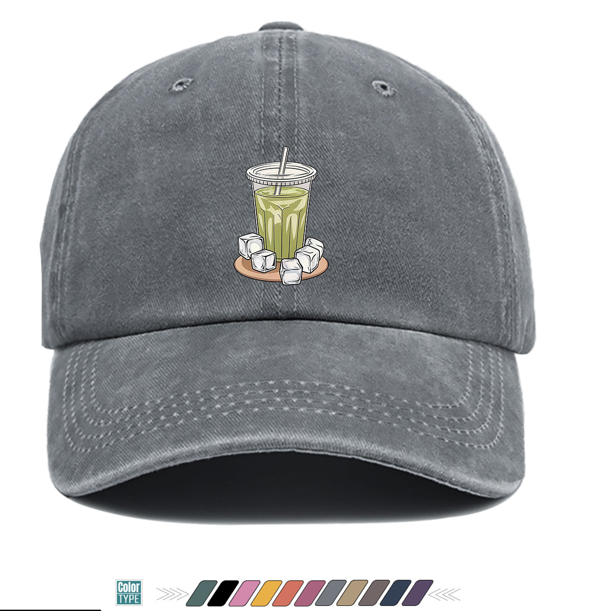 1pc Teal Green Beverage Print Baseball Cap, Featuring a Cup with a Straw, Ice Cubes Scattered Near the Cup, and a Colorful Striped Background. A Stylish and Casual Sun Hat, Unisex and Adjustable. Suitable for Street Trendsetters, Coffee Lovers