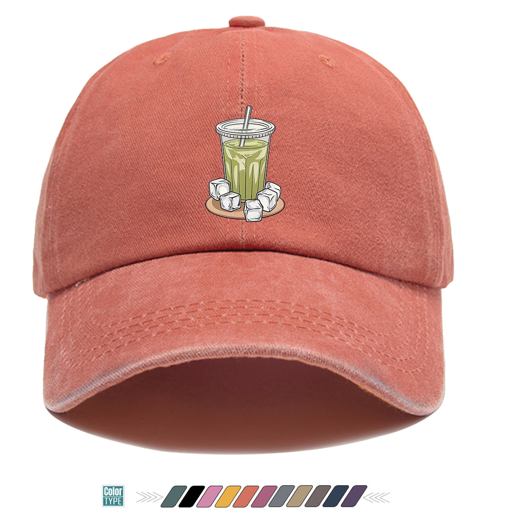 1pc Teal Green Beverage Print Baseball Cap, Featuring a Cup with a Straw, Ice Cubes Scattered Near the Cup, and a Colorful Striped Background. A Stylish and Casual Sun Hat, Unisex and Adjustable. Suitable for Street Trendsetters, Coffee Lovers