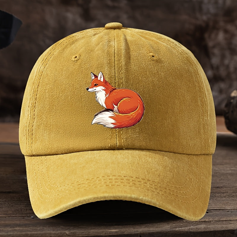 Fun Fox Print Baseball Cap Classic Washed Distressed Retro Curved Brim Hat Outdoor Casual Sports Running Hiking Camping Fishing Hat Soft Comfortable Dad Hat Individual Street Rock Hip-Hop Hat