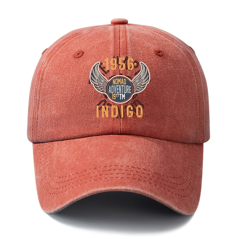 A Unisex Fashionable and Versatile 1956 INDIGO Printed Baseball Cap, Featuring a Classic Vintage Washed Outdoor Lightweight Curved Brim. This Trucker Baseball Cap Is Suitable for Casual Occasions Such as Outdoor Vacations, Travel, and Camping