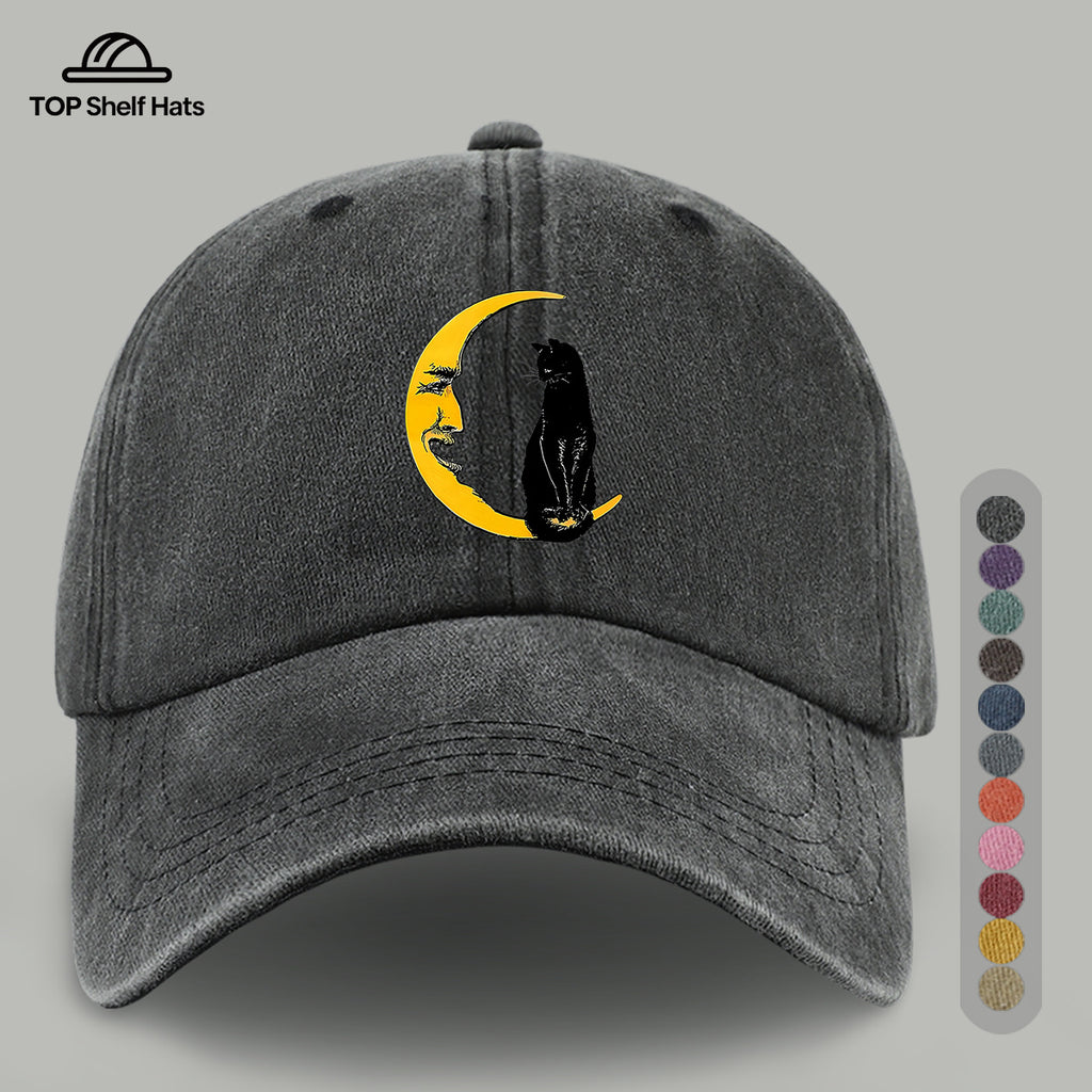 1pc Moon Cat Print Baseball Cap, Creative Illustration Sun Hat, Lightweight Comfortable Breathable Adjustable Size, Black PAPA Truck Driver Retro Dad Hat, Mom Beach Vacation Sun Hat, Youth Couple Outdoor Skate Hat