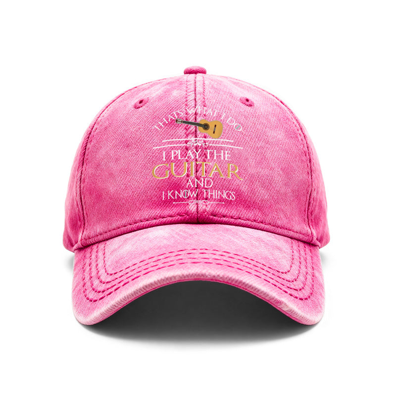 Vintage Washed Baseball Cap, Suitable for Guitarists And Music Lovers, Adjustable Vintage Music-Themed Hat, Printed with The Words "I Play Guitar, I Know a Lot", Unisex Musician Gift, Suitable for Both Men And Women As Casual Wear
