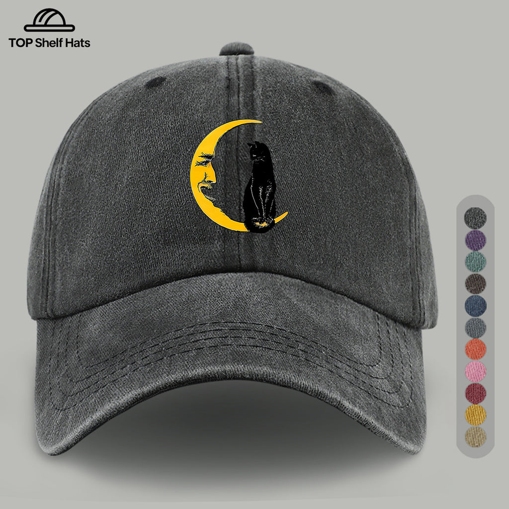 1pc Moon Cat Print Baseball Cap, Creative Illustration Sun Hat, Lightweight Comfortable Breathable Adjustable Size, Black PAPA Truck Driver Retro Dad Hat, Mom Beach Vacation Sun Hat, Youth Couple Outdoor Skate Hat