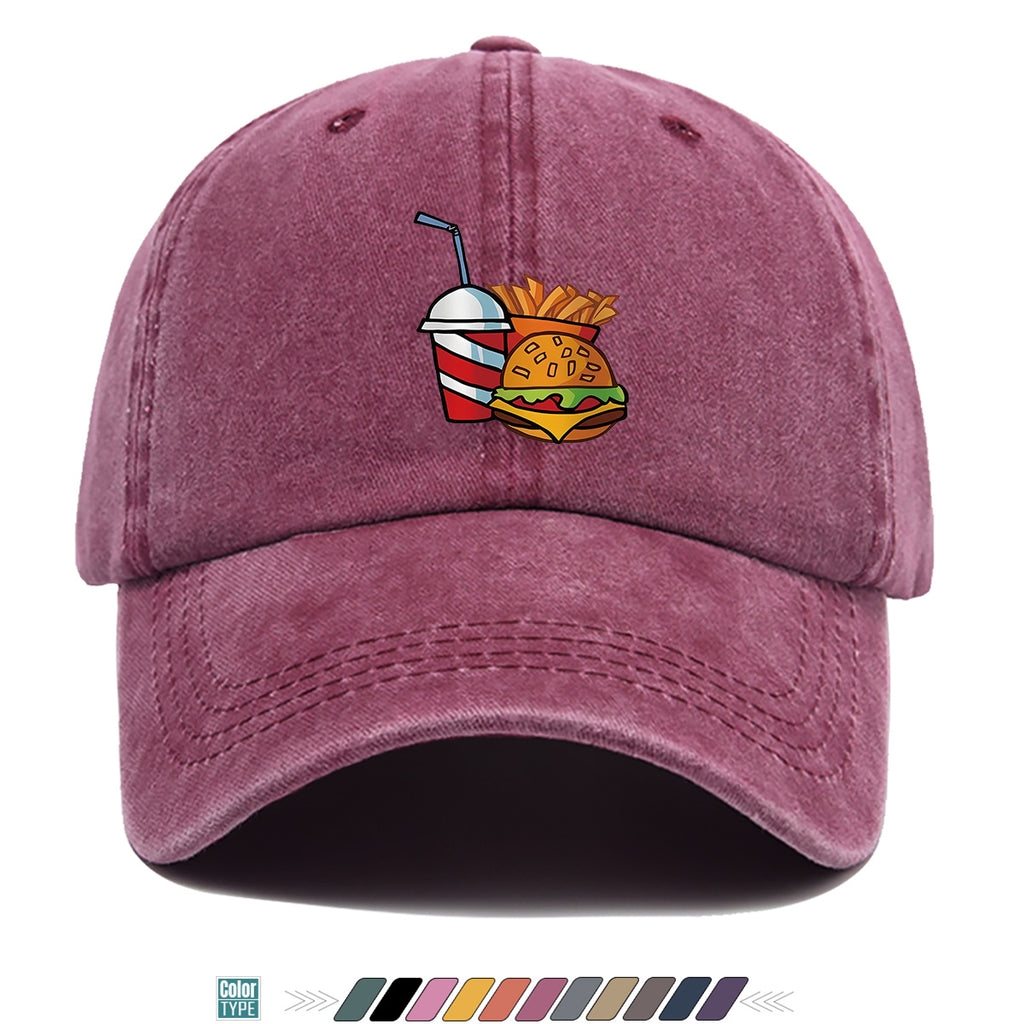 1pc Fast Food Theme Hamburger Fries Drink Print Baseball Cap, Fashion Trendy Sun Hat, Easy Personalized Design, Unisex Duckbill Cap, Adjustable Size, Street Style Hip-Hop Hat, Casual Sunshade Hat, Suitable for Shopping, Parties, Picnics, Travel