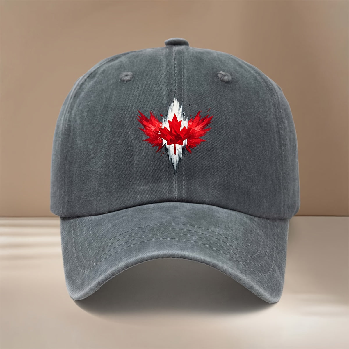 Red Maple Leaf Pattern Baseball Cap Lightweight Fashion Duckbill Hat Unisex Vintage Distressed Style for Parties, Camping, And Hip-Hop Outfits, Trendy Comfortable Curved Brim Hat with Texture And Versatile Fit, Casual Hat with Adjustable Size