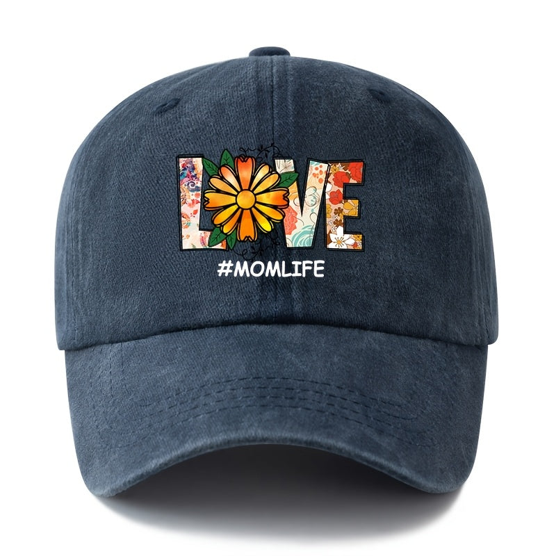 Unisex Fashion Versatile Floral Daisy LOVE Printed Baseball Cap, Classic Vintage Washed Outdoor Lightweight Curved Cap, Trucker Hat, Suitable for Outdoor Vacation Travel Camping And Casual Occasions, Holiday Party Hip-Hop Hat