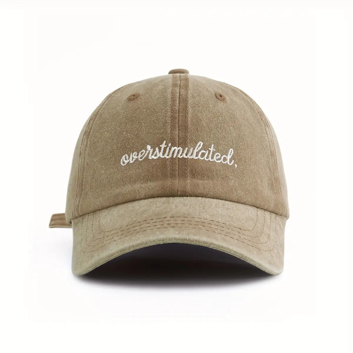 Overstimulated Embroidered Letter Women's Washed Baseball Cap, Fashionable Outdoor Retro Street Urban Style Unisex Baseball Cap Curved Brim Dad Hat Sun Hat Suitable for Vacation Beach Travel Cycling