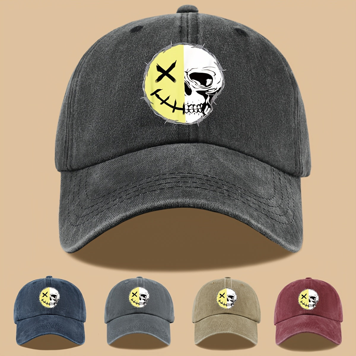 1pc Creative Smiling Face Half Skull Print Baseball Cap, Urban Casual Headwear, Individual All-Match Casual Clothing Accessory, Men And Women Outdoor Universal Dad Hat, Adjustable Size, Breathable Comfortable Vintage Black Papa Trucker Hat