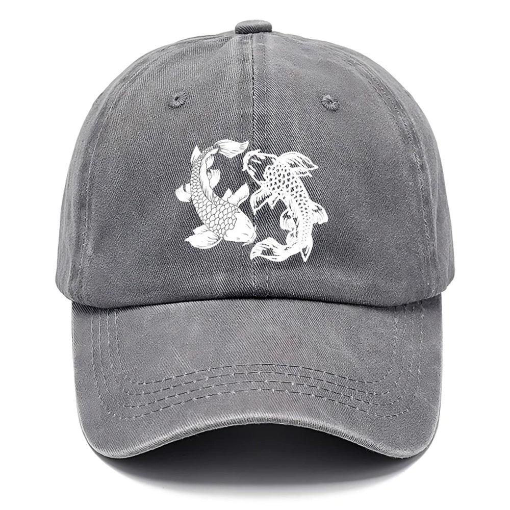 A Water-Washed Baseball Cap Featuring a Yin-Yang Fish Print - an Adjustable Unisex Hat with Traditional Chinese Koi Fish Symbols, Lightweight And Breathable for Outdoor Sun Protection, a Korean Cultural Accessory