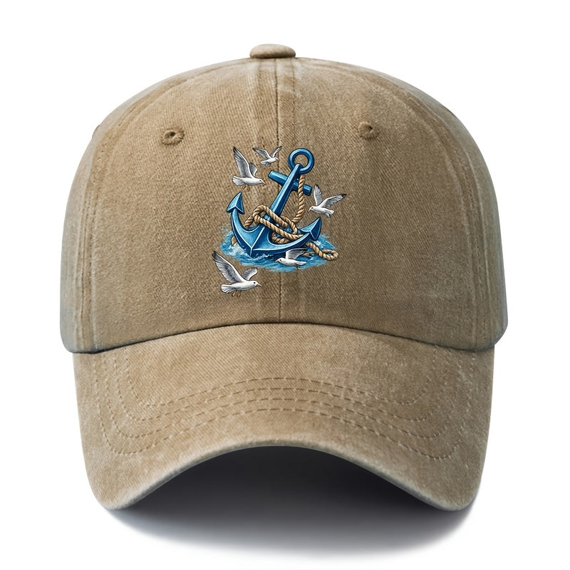 Unisex, Fashionable And Versatile Printed Nautical Anchor Baseball Cap, Classic Retro Washed Outdoor Lightweight Curved Brim Cap, Trucker Baseball Cap, Suitable for Outdoor Vacations, Travel, Camping, And Other Casual Occasions, Hip-Hop Style Cap