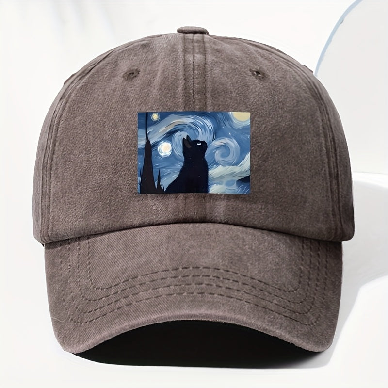 Unisex Cat Animal Print Washed Vintage Baseball Cap, Fashionable Sun Outdoor Hat for Men and Women, Adjustable Fit Trucker Hat Suitable for All Seasons and Daily Wear