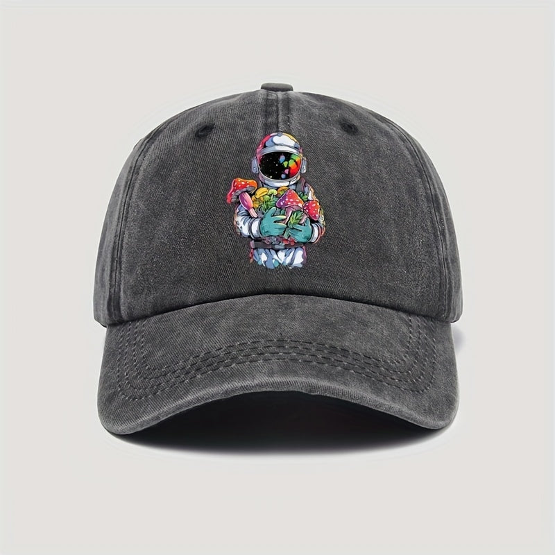 Vintage-style Astronaut Holding Various Mushroom Prints, Washed Baseball Cap, Fun Adjustable Hat