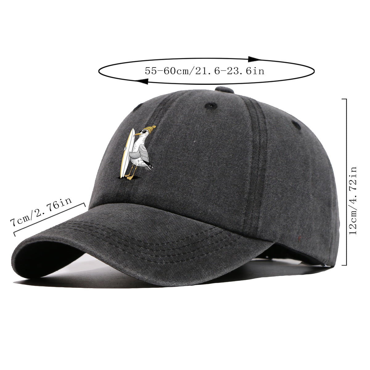 1pc Cute Cartoon Pigeon And Surfboard Pattern Design Printed Baseball Cap, Summer Casual Clothing Accessory, Black Papa Trucker Hat, Breathable Comfortable Solid Easy Vintage Soft Top Dad Hat, Unisex Adjustable Size Youth Couple Skateboard Hat