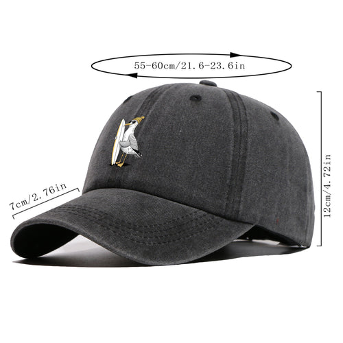 1pc Cute Cartoon Pigeon And Surfboard Pattern Design Printed Baseball Cap, Summer Casual Clothing Accessory, Black Papa Trucker Hat, Breathable Comfortable Solid Easy Vintage Soft Top Dad Hat, Unisex Adjustable Size Youth Couple Skateboard Hat