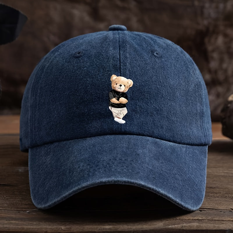 Men's & Suitable for Teddy Bear Lovers - Cute Teddy Bear Holding Hands Design Flat Brim Cap, Durable Textile Machine-Washable Hat for Outdoor, Casual & Casual Attire - Playful Gift for,, Teddy Bear-Themed Events