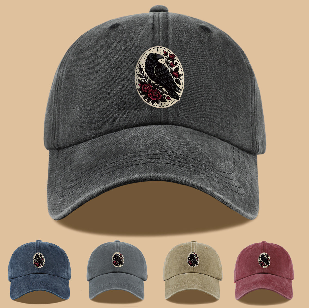 1pc 1pcs Black Crow & Red Rose Vintage Duckbill Baseball Cap - Adjustable Unisex Hat Suitable for Men & Women, Gothic Streetwear Sun Hat for Outdoor Travel, Daily Commute, Photo Shoots, Creative,,
