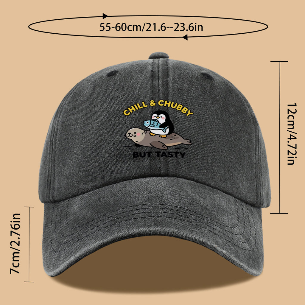 1pc 1pcs "CHILL & CHUBBY BUT TASTY" Penguin Hugging Fish on Seal Print Baseball Cap - Cute Duckbill Cap Suitable for Daily Outfits, Beach Vacations, Student Style, Adjustable Unisex Hat for &, Creative, Park Picnics