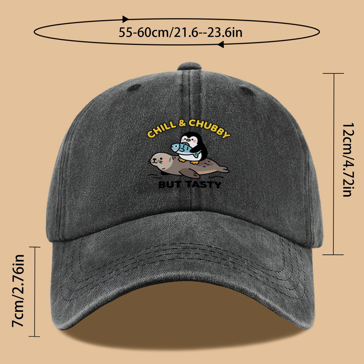 1pc 1pcs "CHILL & CHUBBY BUT TASTY" Penguin Hugging Fish on Seal Print Baseball Cap - Cute Duckbill Cap Suitable for Daily Outfits, Beach Vacations, Student Style, Adjustable Unisex Hat for &, Creative, Park Picnics