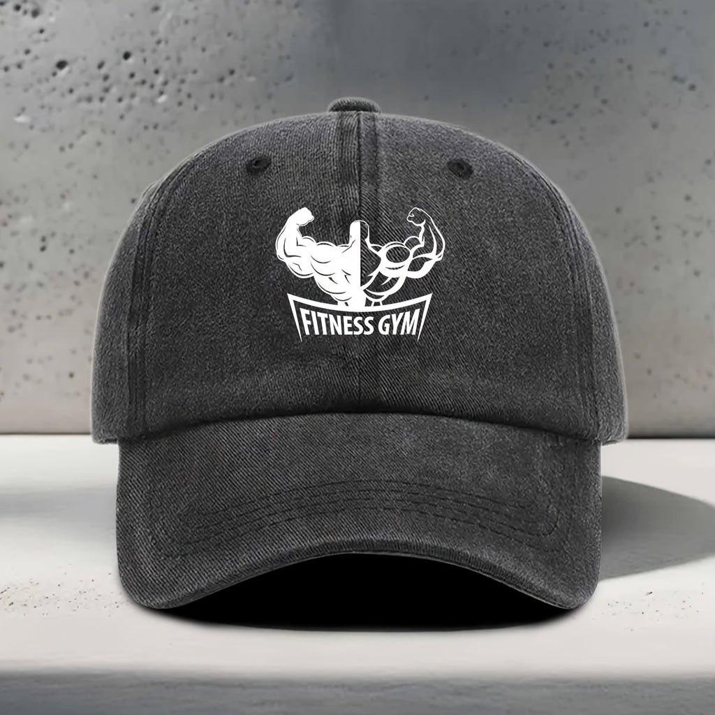 Men's & Women's Adjustable Baseball Cap with Muscle Silhouette & "FITNESS GYM" Print - Curved Brim Snapback Hat Suitable for Gym, Yoga, Outdoor Sports, Washed Style for Fitness Enthusiasts, Strength Training, Unisex
