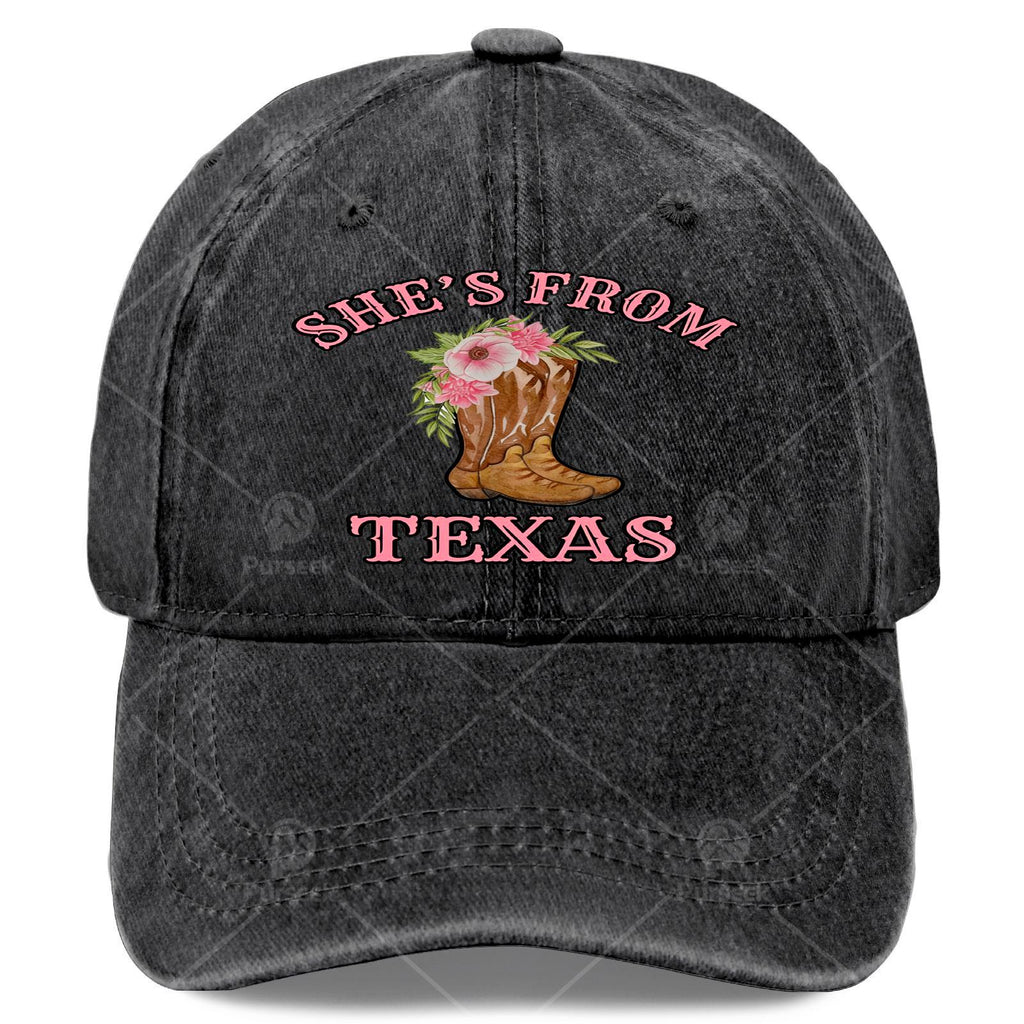 Originating from Texas, She Sports Cowgirl Boots Paired with a Floral Baseball in a Unisex, Vintage Style
