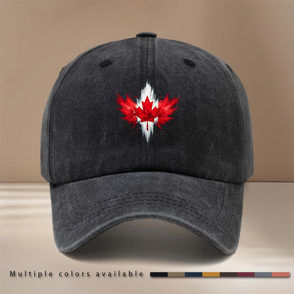 Red Maple Leaf Pattern Baseball Cap Lightweight Fashion Duckbill Hat Unisex Vintage Distressed Style for Parties, Camping, And Hip-Hop Outfits, Trendy Comfortable Curved Brim Hat with Texture And Versatile Fit, Casual Hat with Adjustable Size