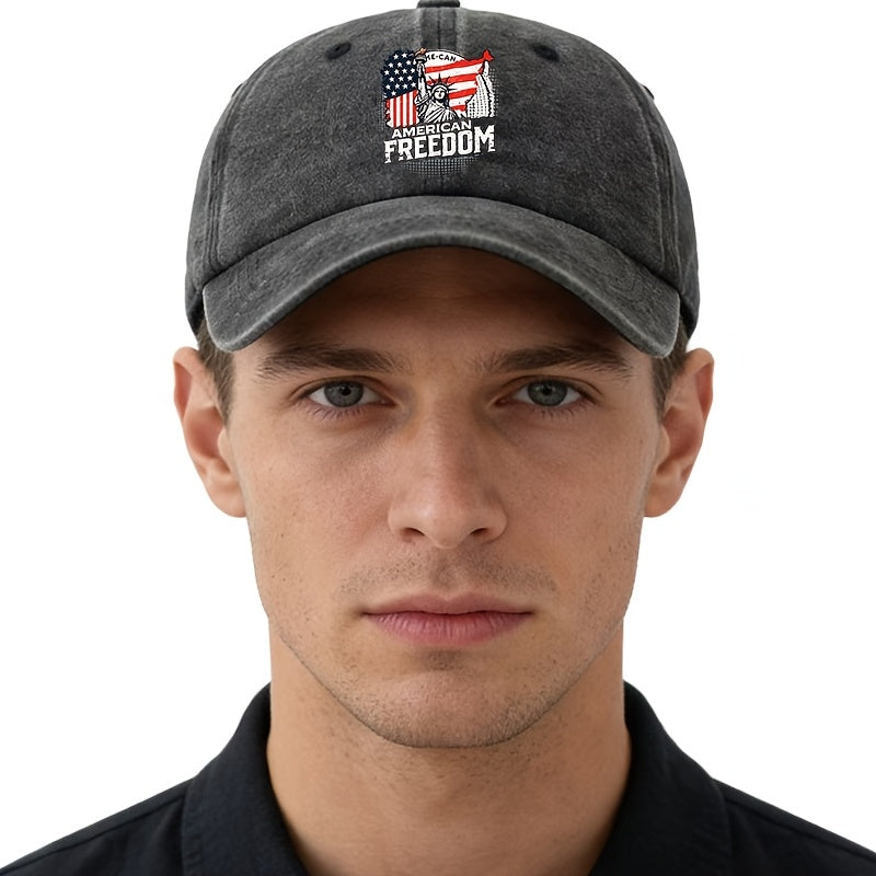 A Unisex Fashionable and Versatile Printed FREEDOM Statue of Liberty Baseball Cap, Classic Vintage Washed Outdoor Lightweight Curved-brim Hat, Trucker Baseball Cap, Suitable for Outdoor Vacations, Travel, Camping, and Other Casual Occasions