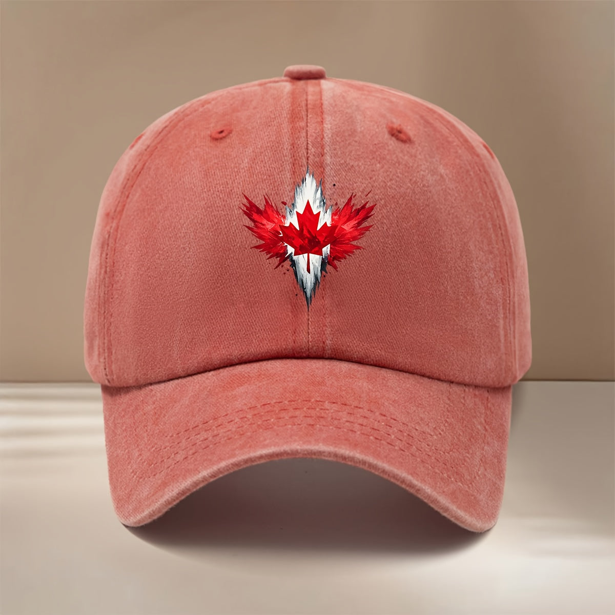 Red Maple Leaf Pattern Baseball Cap Lightweight Fashion Duckbill Hat Unisex Vintage Distressed Style for Parties, Camping, And Hip-Hop Outfits, Trendy Comfortable Curved Brim Hat with Texture And Versatile Fit, Casual Hat with Adjustable Size