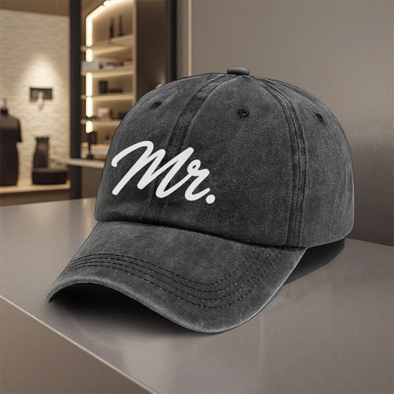1pc Mr. Lettering Adjustable Baseball Cap for Men & Women - Lightweight Polyester Snapback Trucker Hat, Breathable Sun Protection, All-Season Outdoor Sports, Camping, Casual Unisex Cap for Youth, Adults, Seniors (Black with White Cursive Lettering), Washa