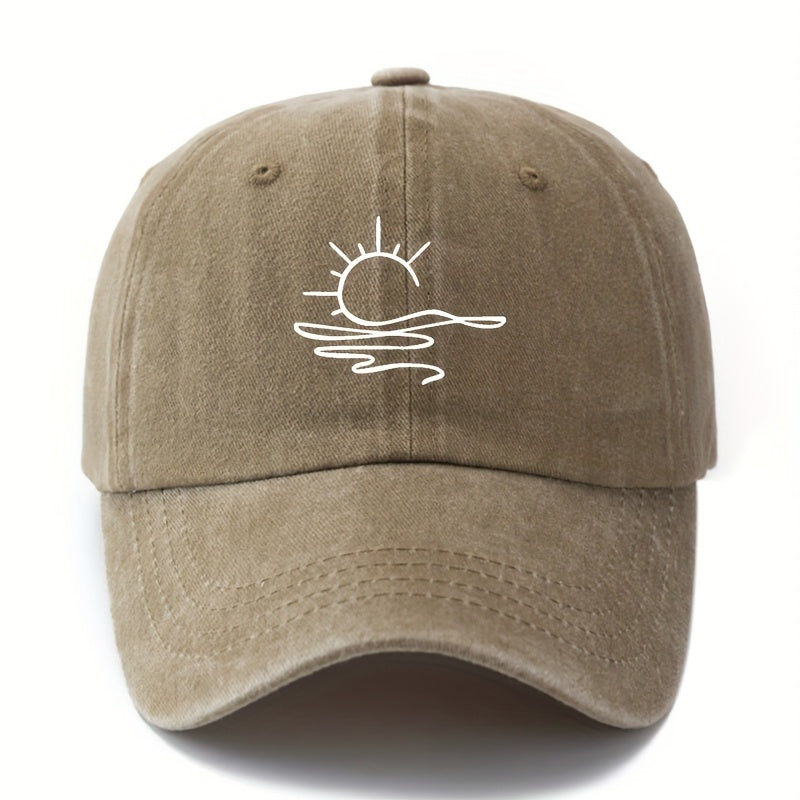 One Size Fits Most Washed Printing Sun Pattern Baseball Cap, Fashionable Curved Brim Hat, Suitable for Outdoor Vacation Travel Camping Leisure Occasions, Truck Driver Baseball Cap