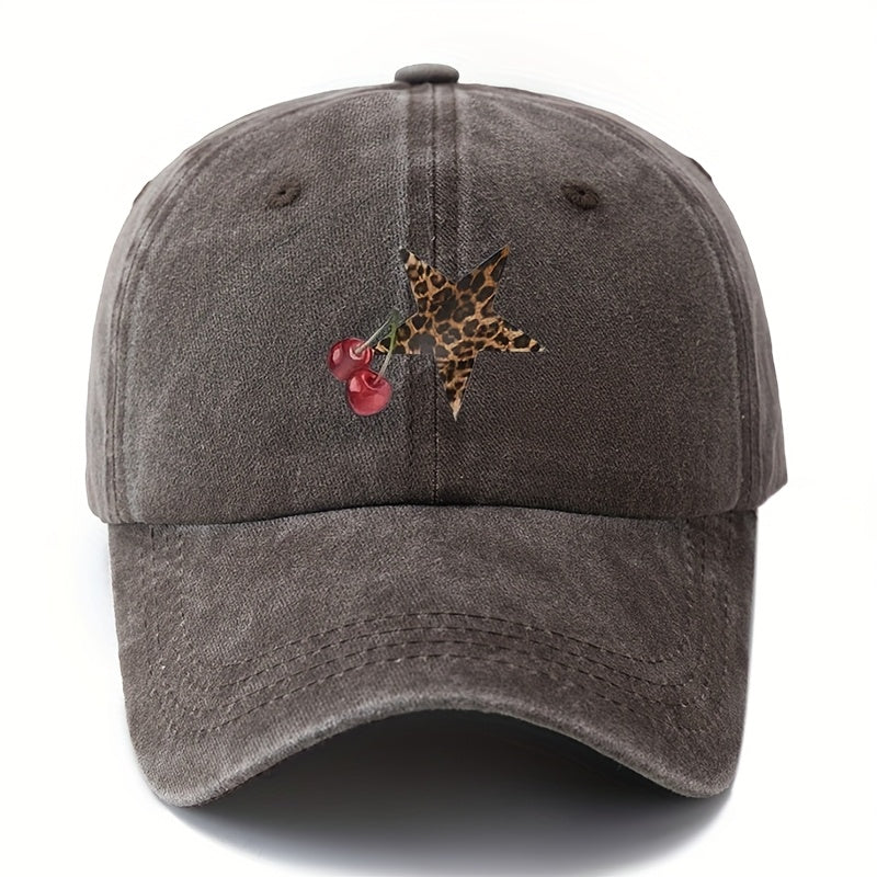 Unisex Fashion Versatile Printed Cherry Leopard Print Five-Pointed Star Baseball Cap, Classic Retro Washed Outdoor Lightweight Curved Brim Cap, Trucker Baseball Cap, Suitable for Outdoor Vacations, Travel, Camping, And Other Leisure Occasions
