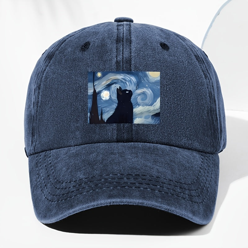 Unisex Cat Animal Print Washed Vintage Baseball Cap, Fashionable Sun Outdoor Hat for Men and Women, Adjustable Fit Trucker Hat Suitable for All Seasons and Daily Wear