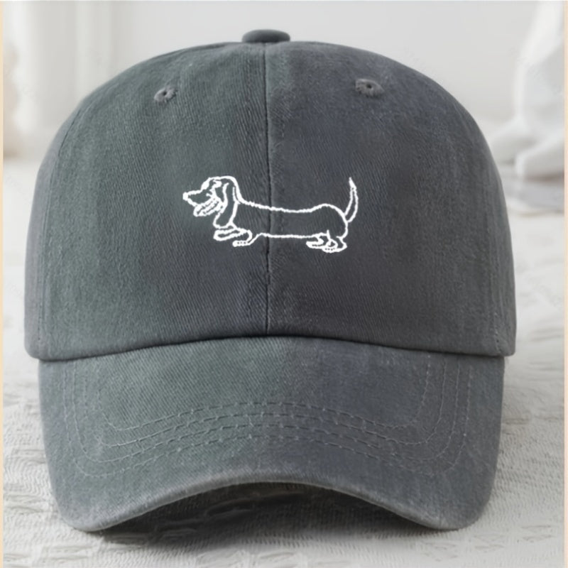Vintage Washed Baseball Cap with Adorable Dachshund Embroidery - Black Textile, Breathable & Durable Unisex Casual Outdoor Hat for Men and Women, Hand Washable, Casual Headwear | Embroidered Cap | Breathable Fabric