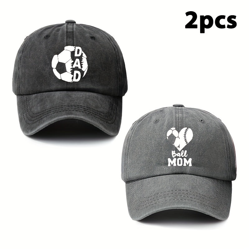 Parents' 2pcs Printed Football Heart-shaped Letter Vintage Soft-top Baseball Cap, Adjustable Style, Suitable for Daily Wear in All Seasons, an Essential Fashion Hat for Outdoor Sports, Fishing, and Camping