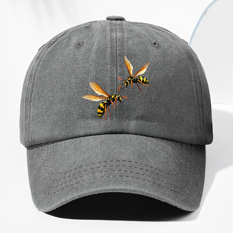 Unisex Bee Animal Print Washed Vintage Baseball Cap, Fashionable Sun Outdoor Hat for Men and Women, Adjustable Fit Trucker Hat Suitable for All Seasons and Daily Wear
