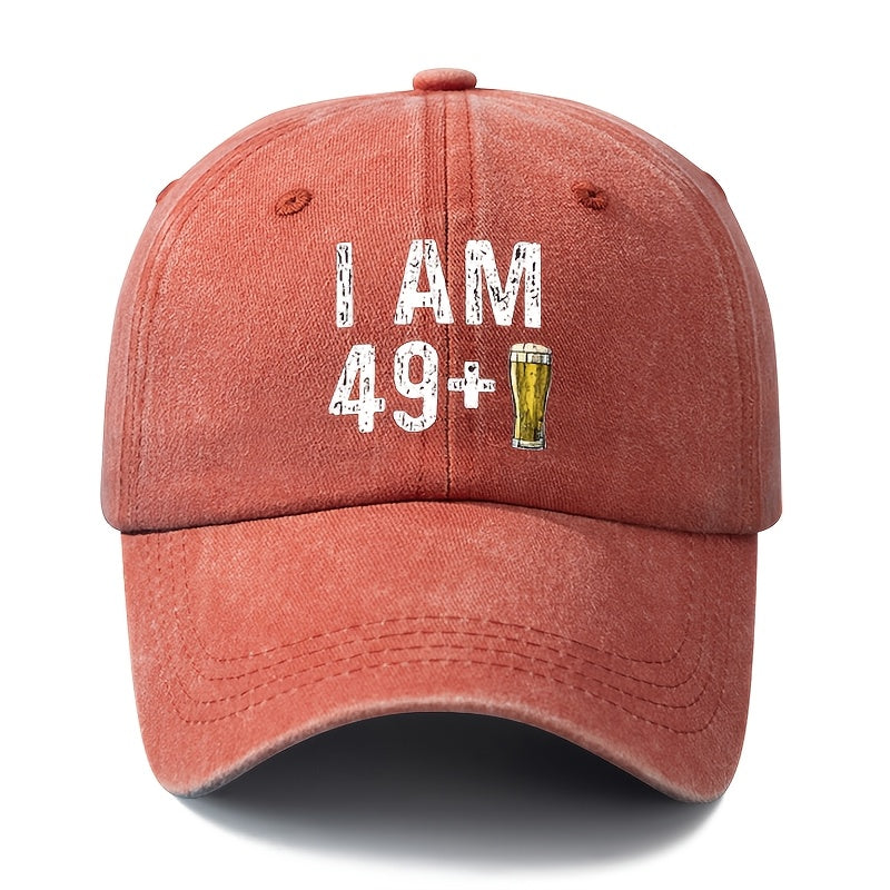 Unisex Fashion Versatile Printed I AM 49+ Beer Baseball Cap, Classic Retro Washed Outdoor Lightweight Curved Cap, Trucker Hat, Suitable for Outdoor Vacation Travel Camping And Other Casual Occasions, Holiday Party Hip-Hop Hat
