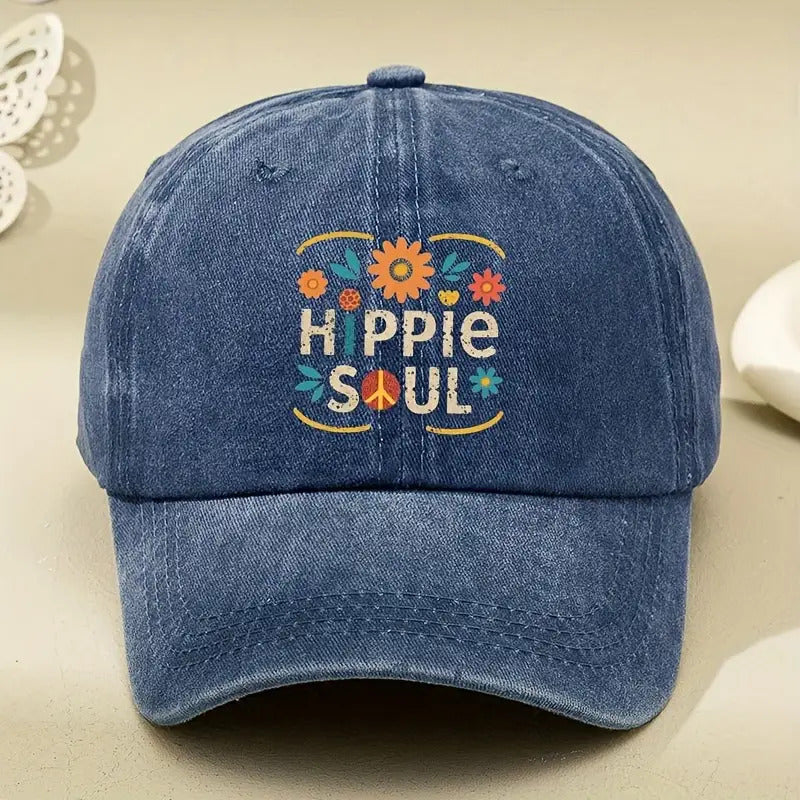 Retro Hippie Soul Baseball Cap - 60S/70S Style with Floral And Peace Symbols (Sunflowers, Peace Sign) - Deep Navy Blue Adjustable Snapback Hat with Colorful Accents - Lightweight Washed Effect, Suitable for Both Men And Women - Machine Washable