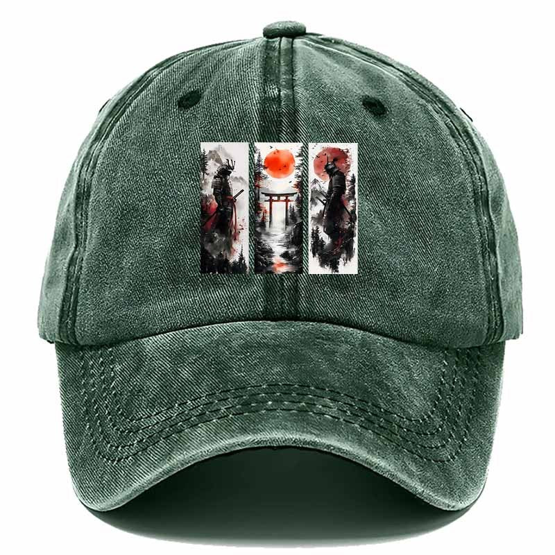 A Vintage-Style Baseball Cap Featuring an Ink Wash Samurai Design, Perfect for Outdoor Adventures And an Ideal Gift for Dad