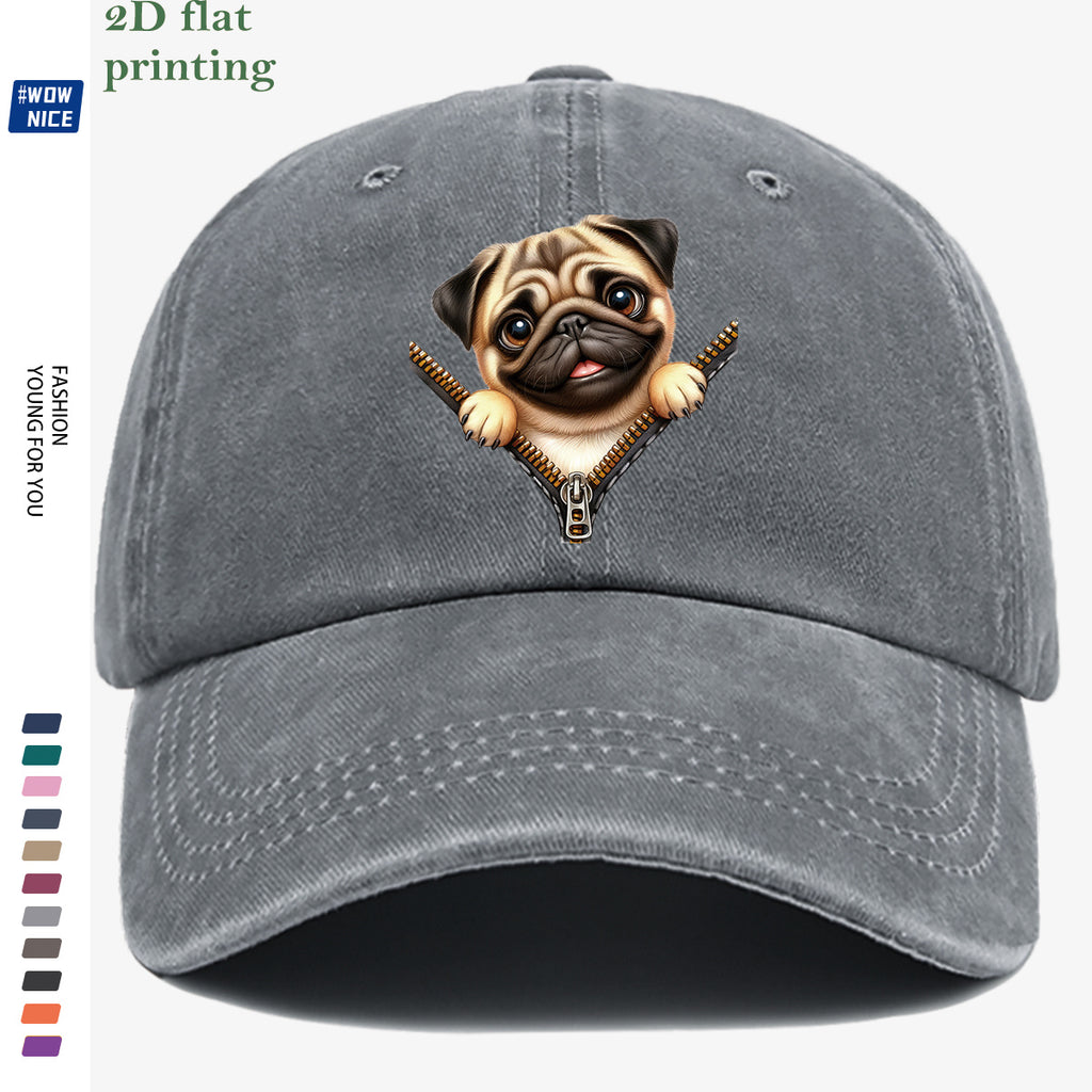 1pc Pug Zipper Print Baseball Cap, Cute Animal Pattern Headwear, Fashionable and Versatile Hat Accessory, Unisex Street Style Hat with Adjustable Size, Slimming and Face-Shaping, Suitable for Daily Outings, Parties, Dates, Shopping, Outings